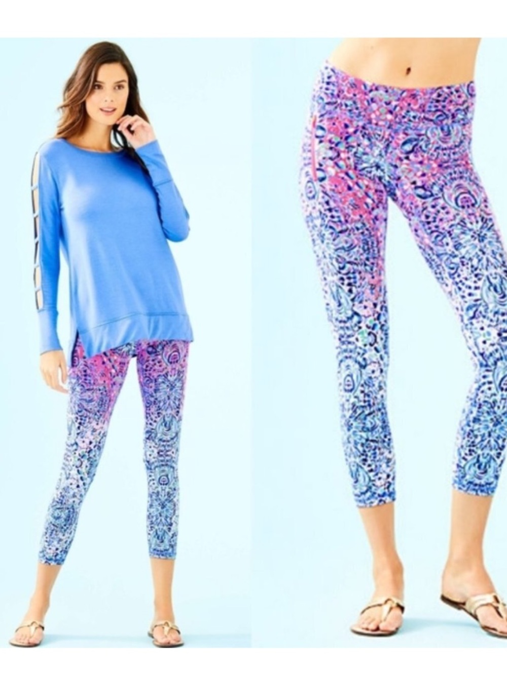 Lilly Pulitzer Luxletic Weekender High Rise Midi Leggings UPF 50 Blue Pink M - Picture 2 of 5